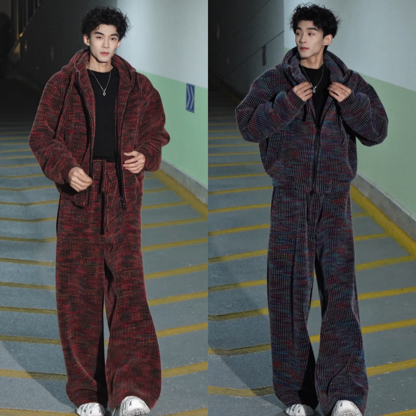 冬季新款潮流复古男士加绒保暖时尚套装针织拉链外套休闲裤两件套