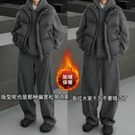 冬季新款男士纯色简约重磅加绒休闲套装保暖连帽卫衣休闲裤两件套