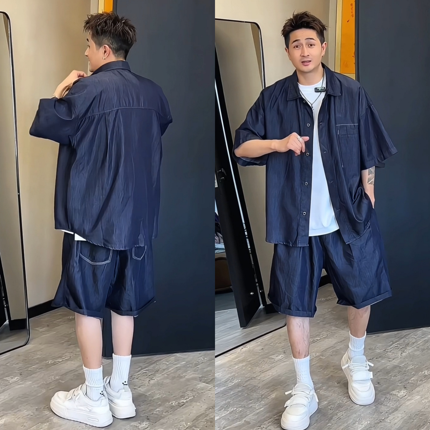 春季男士牛仔衬衫短袖短裤套装