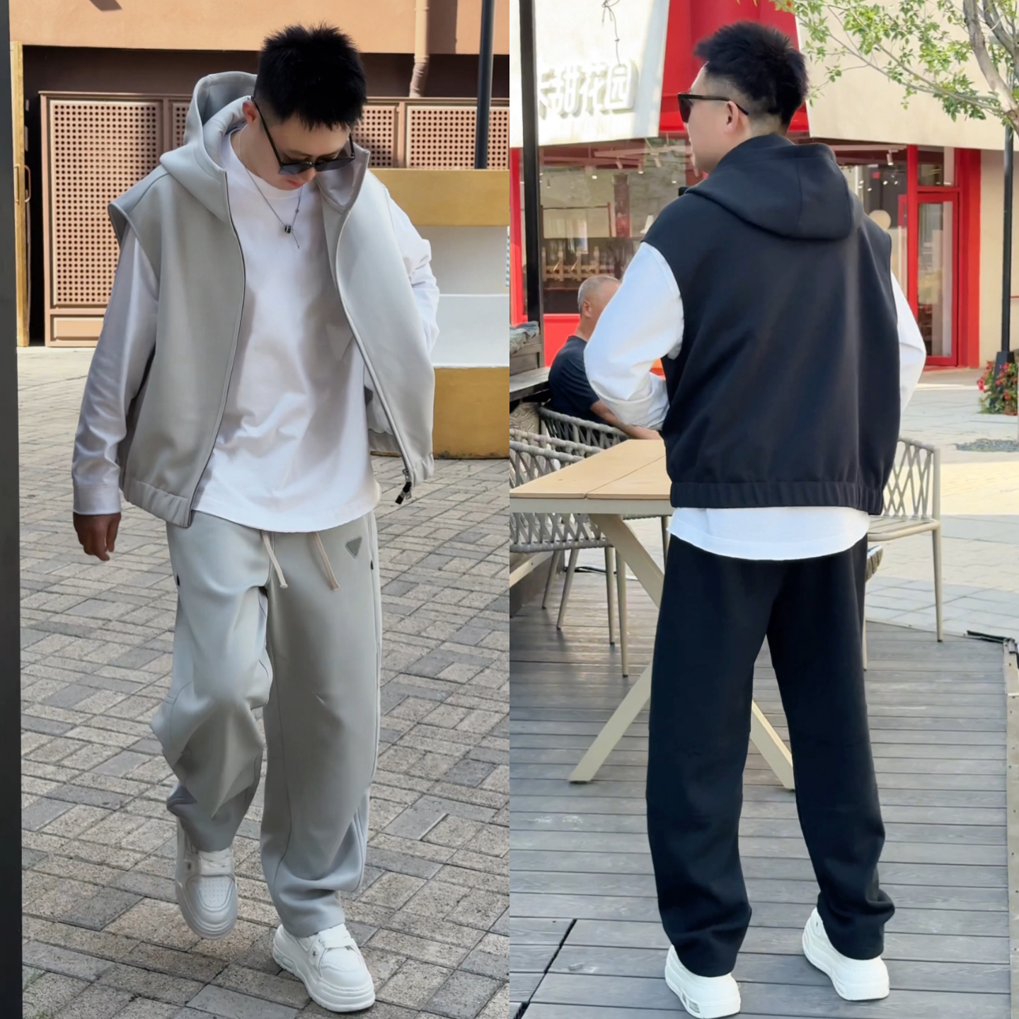 秋季连帽背心外套直筒裤两件套