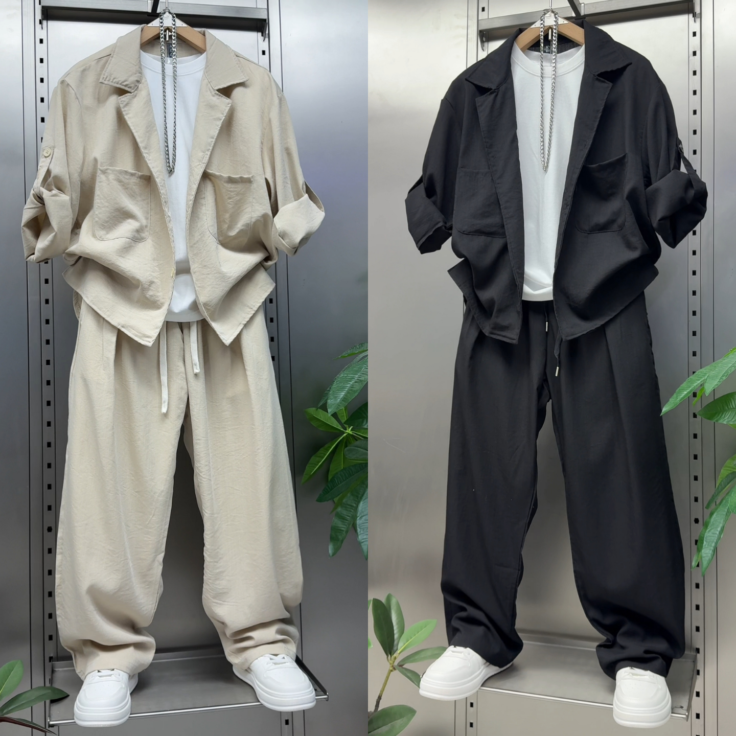 夏季工装风男士西服领衬衫外套直筒长裤套装薄款简约休闲两件套男