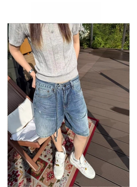 夏季时尚复古风浅蓝色牛仔短裤男士做旧立体剪裁直筒休闲五分裤潮