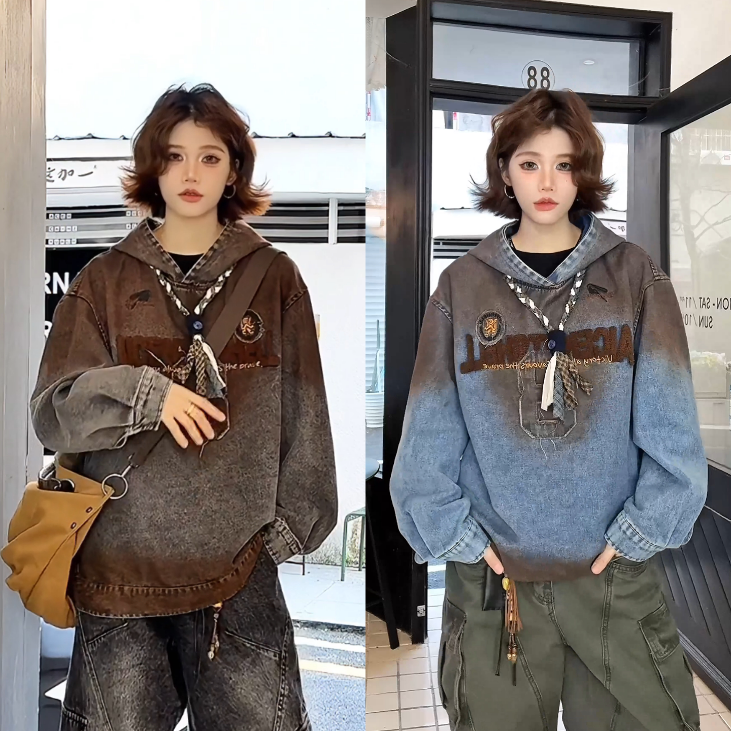 美式复古做旧情侣款宽松长袖嘻哈风街头百搭潮流拼接撞色连帽卫衣