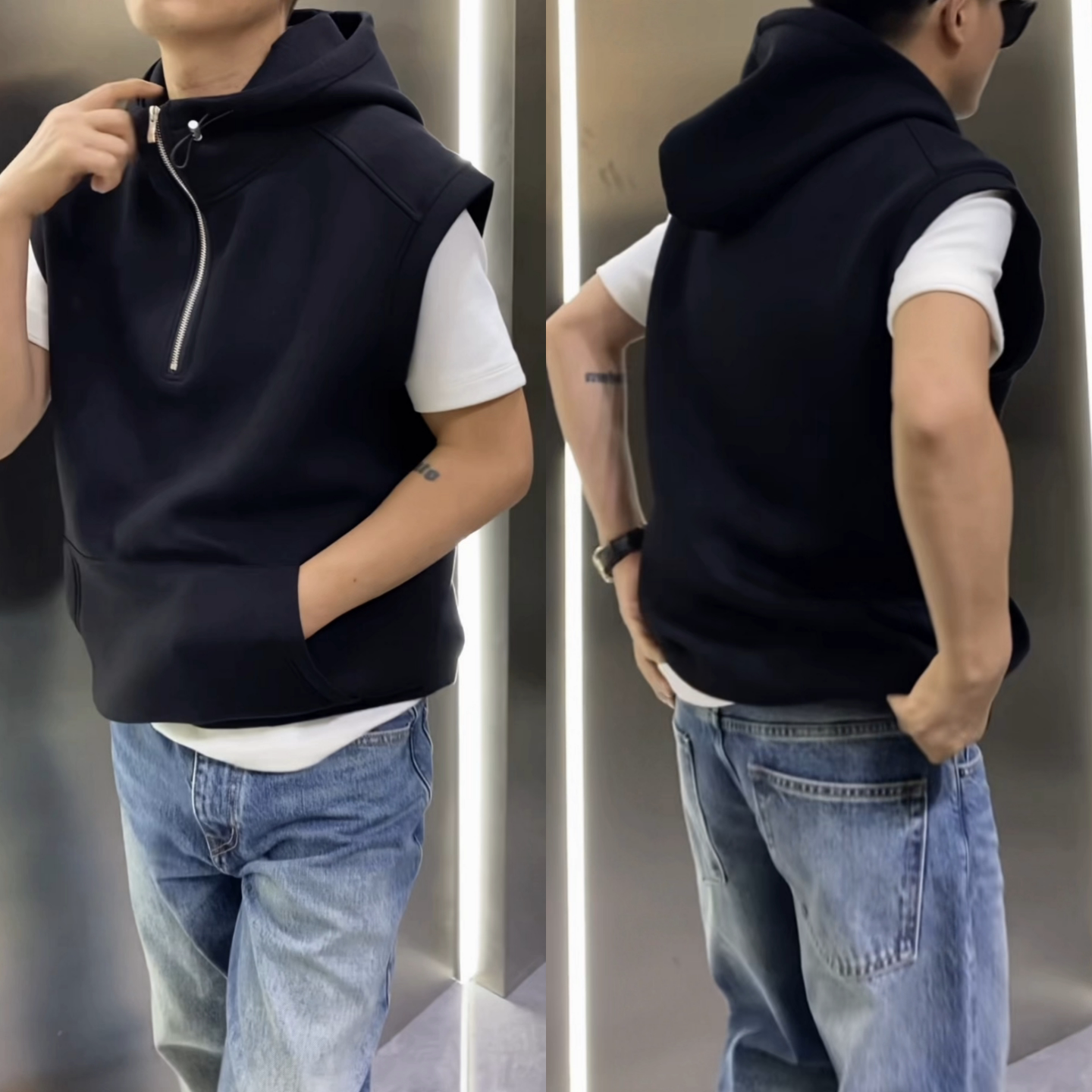 休闲百搭连帽半拉链马甲男士