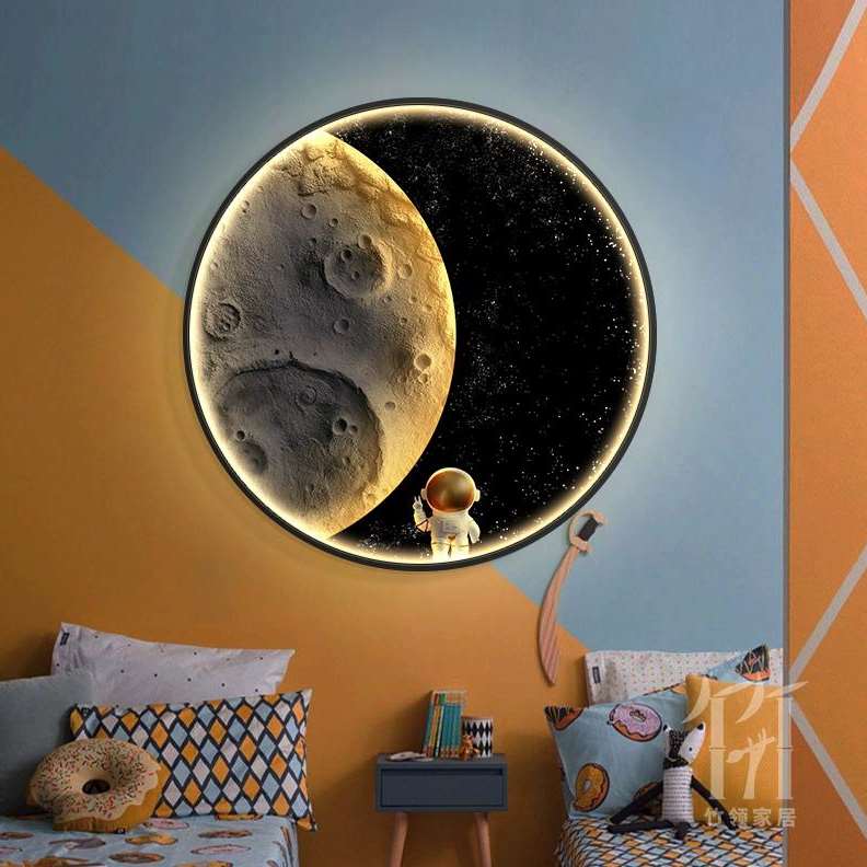 卧室床头装饰画月球壁灯圆形氛围画儿童卡通装饰壁挂高档发光灯画图片