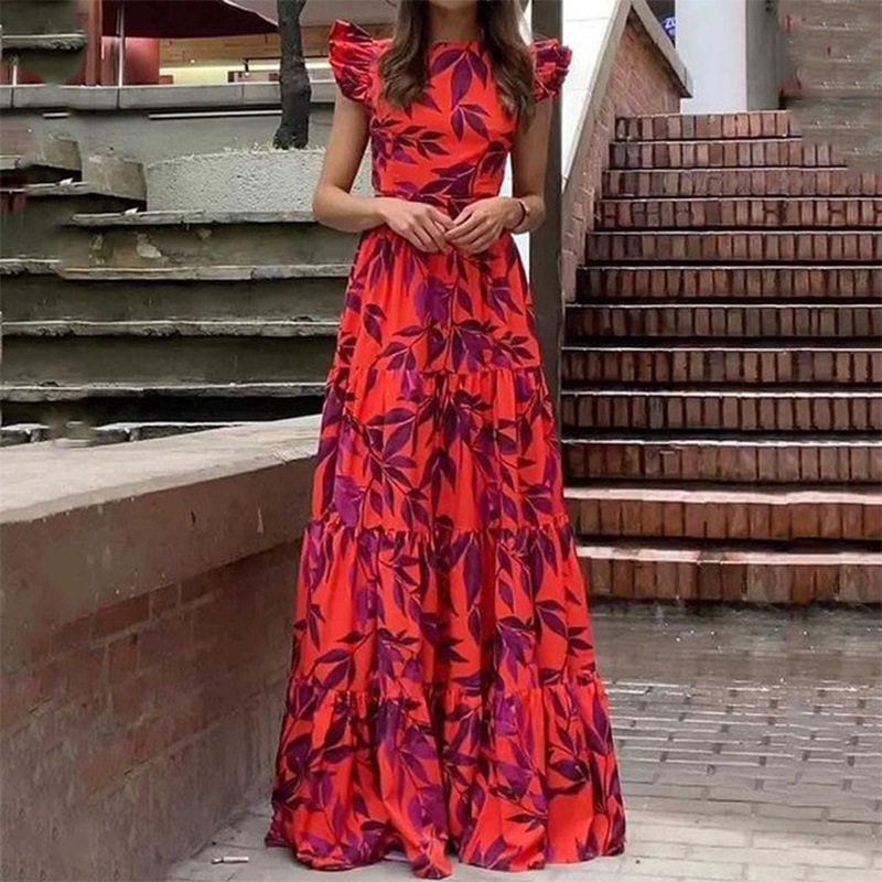 欧美印花圆领长款荷叶边大摆连衣裙Women printed ruffled dress