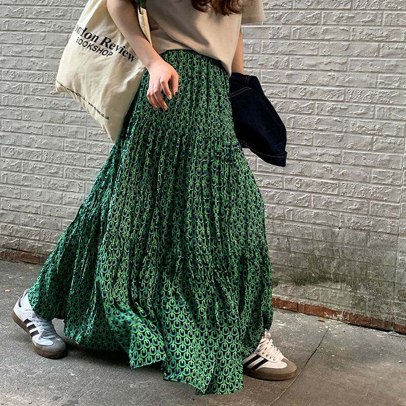 碎花半身裙女2023春夏新款松紧高腰褶皱大摆长裙显瘦半裙a字裙子