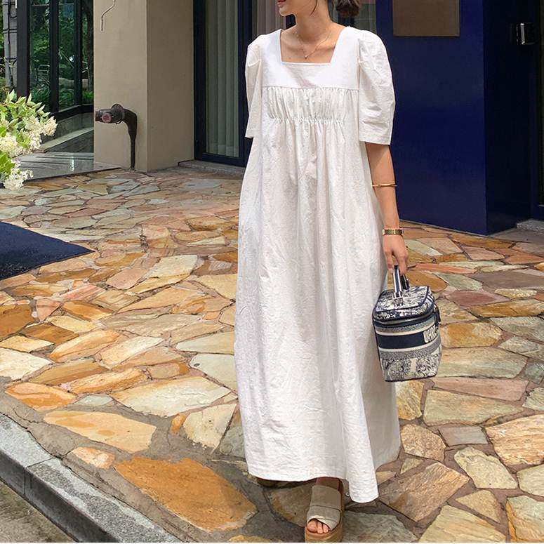 日系外贸欧美纯色连衣裙大码女装显瘦长裙胖妹妹夏装新款裙子女