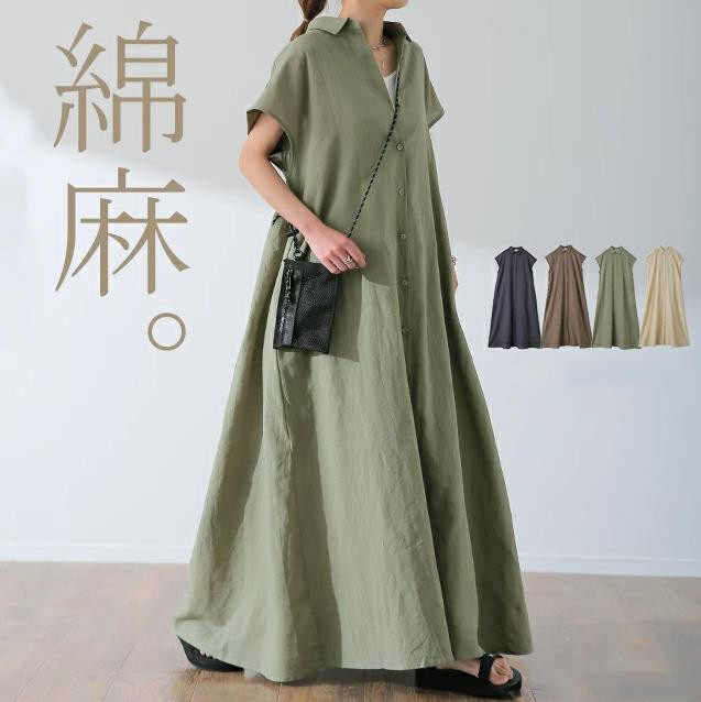 日系乐天韩国外单裙子套头短袖棉麻连衣裙女宽松翻领时尚休闲衬衫