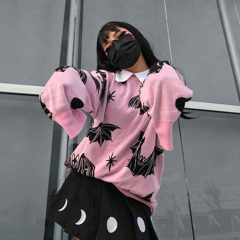 Y2K Gothic Bat Print Black Sweater Fairy Grunge Pullover Har