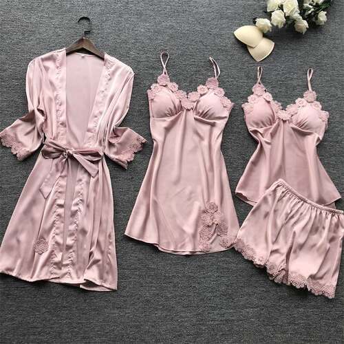 women Pajamas 4-piece suit women silk lace pajamas set