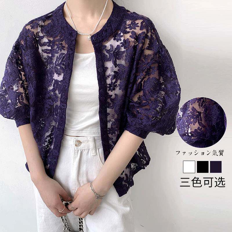 外贸女装乐天韩版日系夏季小开衫百搭刺绣花朵蕾丝小外套灯笼袖
