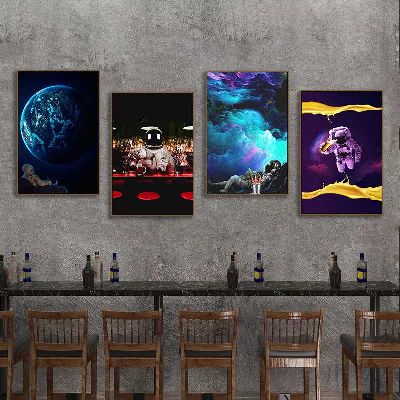 宇航员挂画宇宙喝啤酒的太空人创意酒吧清吧装饰画赛博朋克潮流画