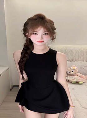 黑色不规则无袖连衣裙女内衬气质生日小黑裙礼服收腰显瘦花苞裙夏