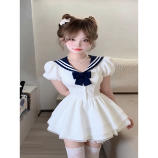 海军领超仙蓬蓬裙女夏季纯欲蕾丝花边泡泡袖公主裙收腰显瘦蛋糕裙