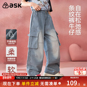 裤 ask女童裤 中大童经典 条纹牛仔工装 子2025春秋季 新款