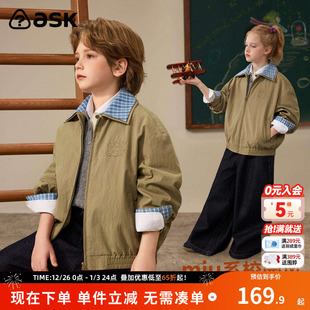 上衣学院风 男女童休闲翻领夹克拼接工装 ask儿童春季 外套2026新款