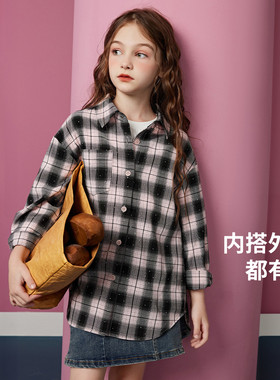 ask儿童外套2026春秋季新款女童格子衬衫中大童宽松衬衣