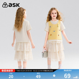 ask儿童T恤2026夏季新款女童假两件印花T中大童休闲风圆领短袖