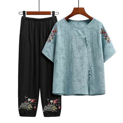 老年人女夏装棉麻透气奶奶装套装短袖夏季纯棉中老太太衣服大码