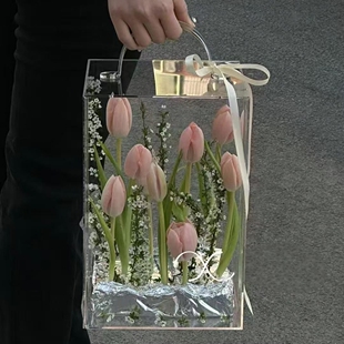 亚克力花盒手提盒中秋节情人教师节鲜花插花盒花艺材料花包装花盒