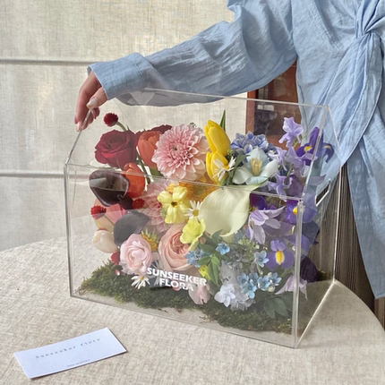 亚克力花盒手提盒透明鲜花插花盒情人节花艺材料花店包装花盒