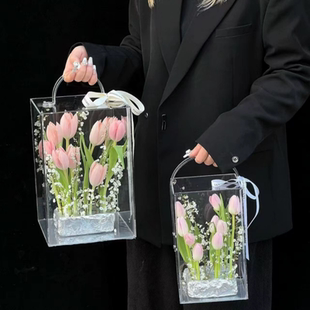 亚克力花盒圣诞节情人节手提盒教师鲜插花盒花艺材料花店包装花盒