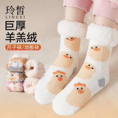 羊羔绒厚袜子女冬季加绒加厚珊瑚绒地板袜居家睡眠袜诸暨袜业