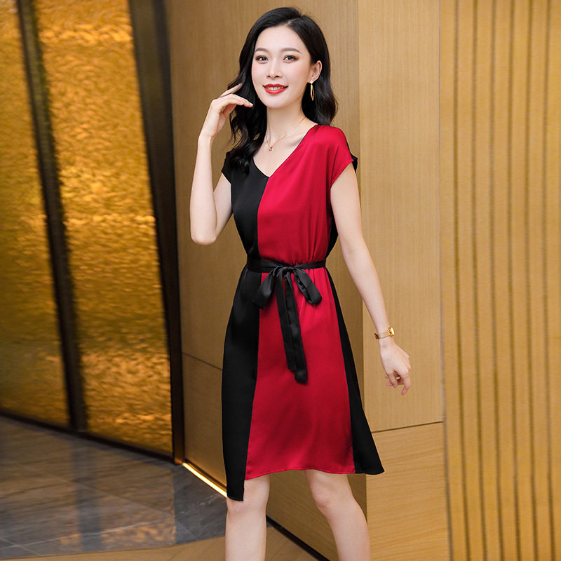 高端真丝收腰复古拼色长裙