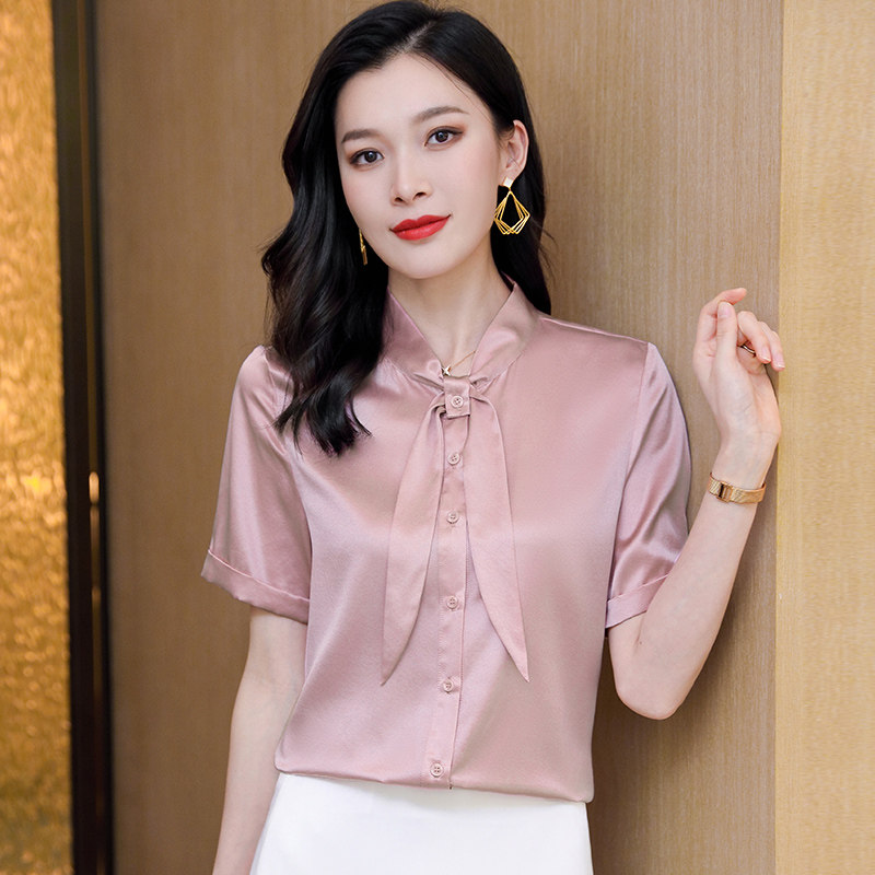杭州缎面真丝衬衫女士短袖202衬衫