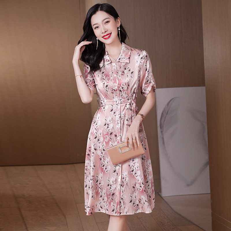 桑蚕丝衬衫领连衣裙2026夏季新款设计感真丝裙子短袖浪漫印花