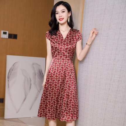 真丝连衣裙2026夏季新款复古印花收腰显瘦妈妈装中长款桑蚕丝裙子