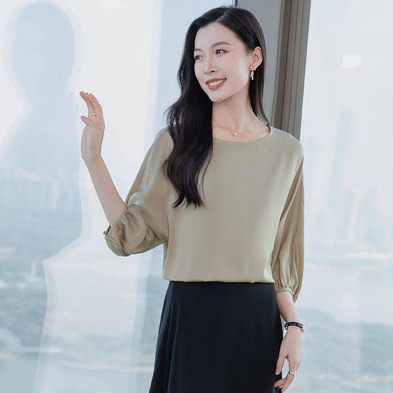 高端桑蚕丝夏季圆领蝙蝠袖衬衣