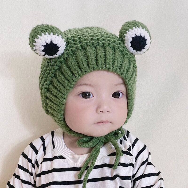 婴儿帽子秋冬婴幼儿毛线帽青蛙宝宝帽1岁可爱超萌冬季保暖2针织帽