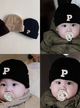 婴儿针织帽韩版简约字母P标男宝宝瓜皮帽 秋冬纯色小童保暖毛线帽