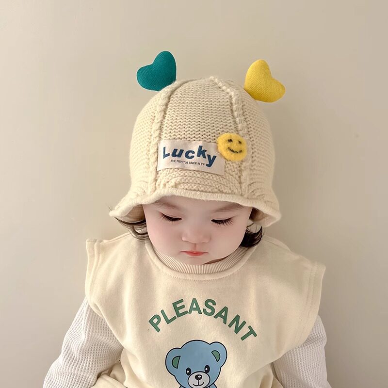 儿童帽子秋冬季可爱小爱心针织毛线帽男女宝宝加厚保暖渔夫帽盆帽