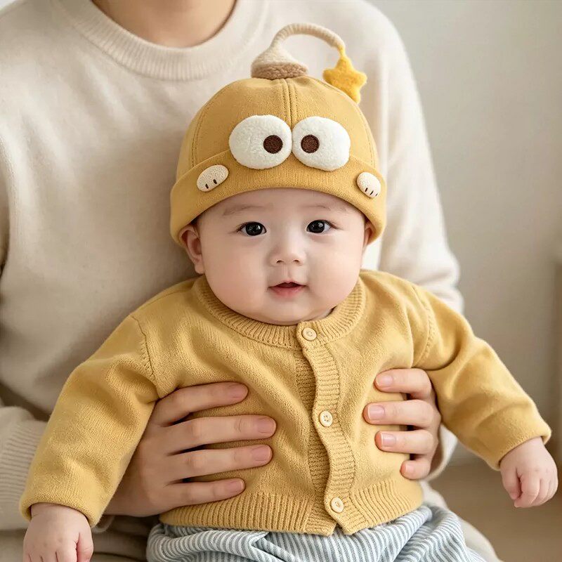 婴幼儿地主帽秋冬可爱卡通大眼睛男女宝宝揪揪帽保暖防风瓜皮帽子
