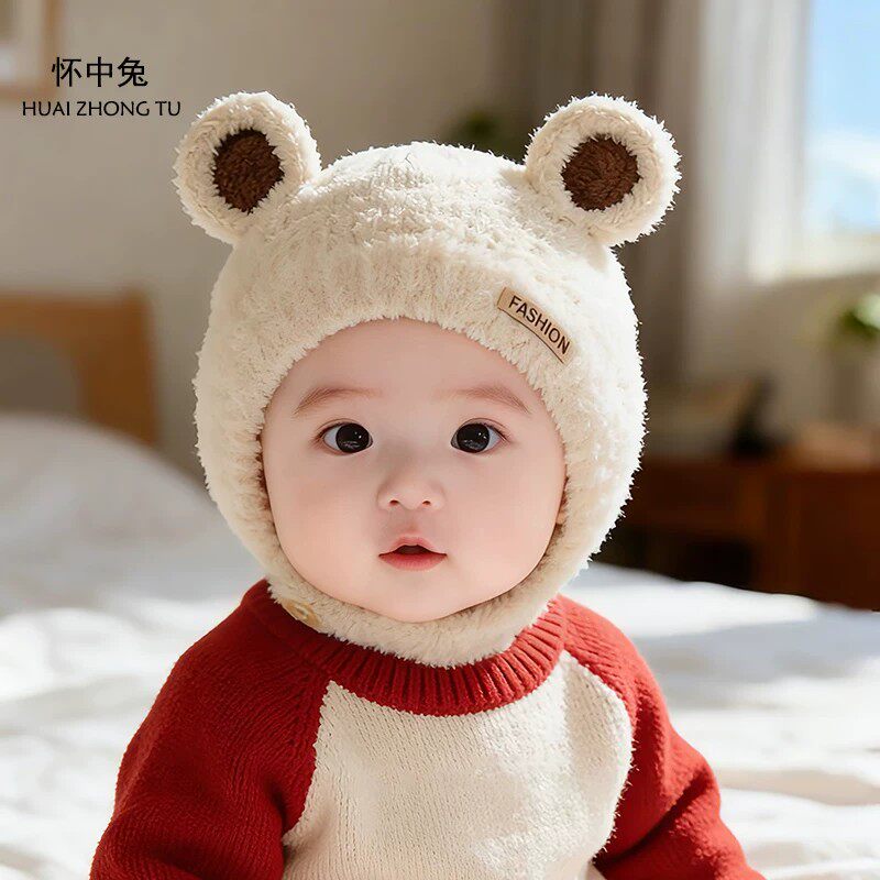 婴儿帽子可爱超萌男女宝宝护耳帽秋冬季保暖防风幼童羊羔毛包头帽