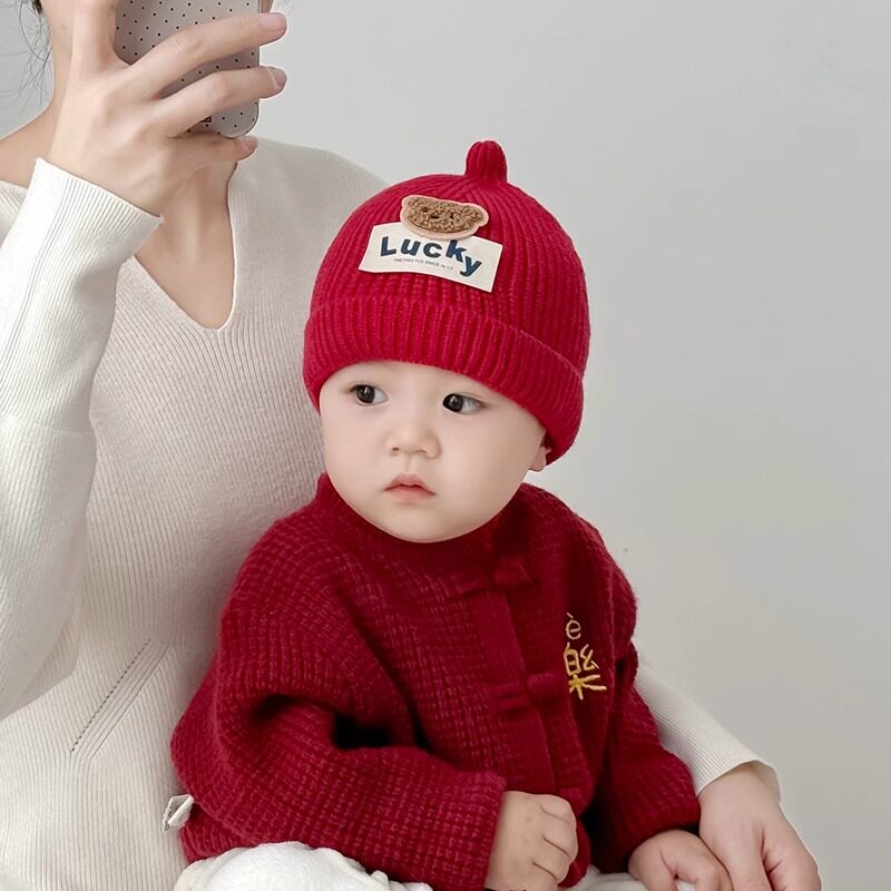 婴儿帽子秋冬季保暖针织奶嘴帽红色小月龄胎帽新年男女宝宝毛线帽