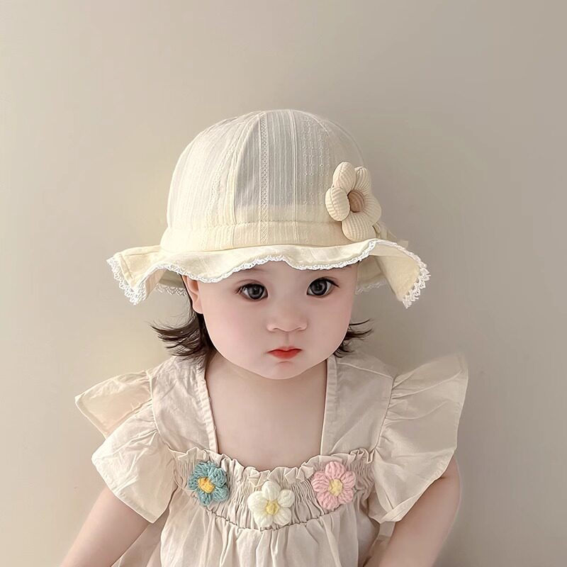 女宝宝帽子春夏季可爱花朵婴儿渔夫帽遮阳防晒女童花边甜美公主帽