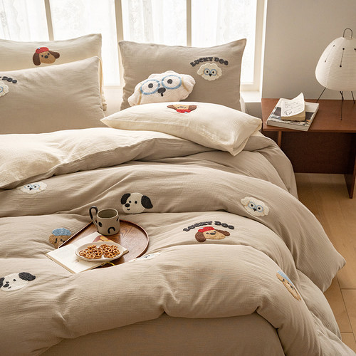 A类卡通全棉双层纱四件套可爱儿童毛巾绣纯棉亲肤床上用品