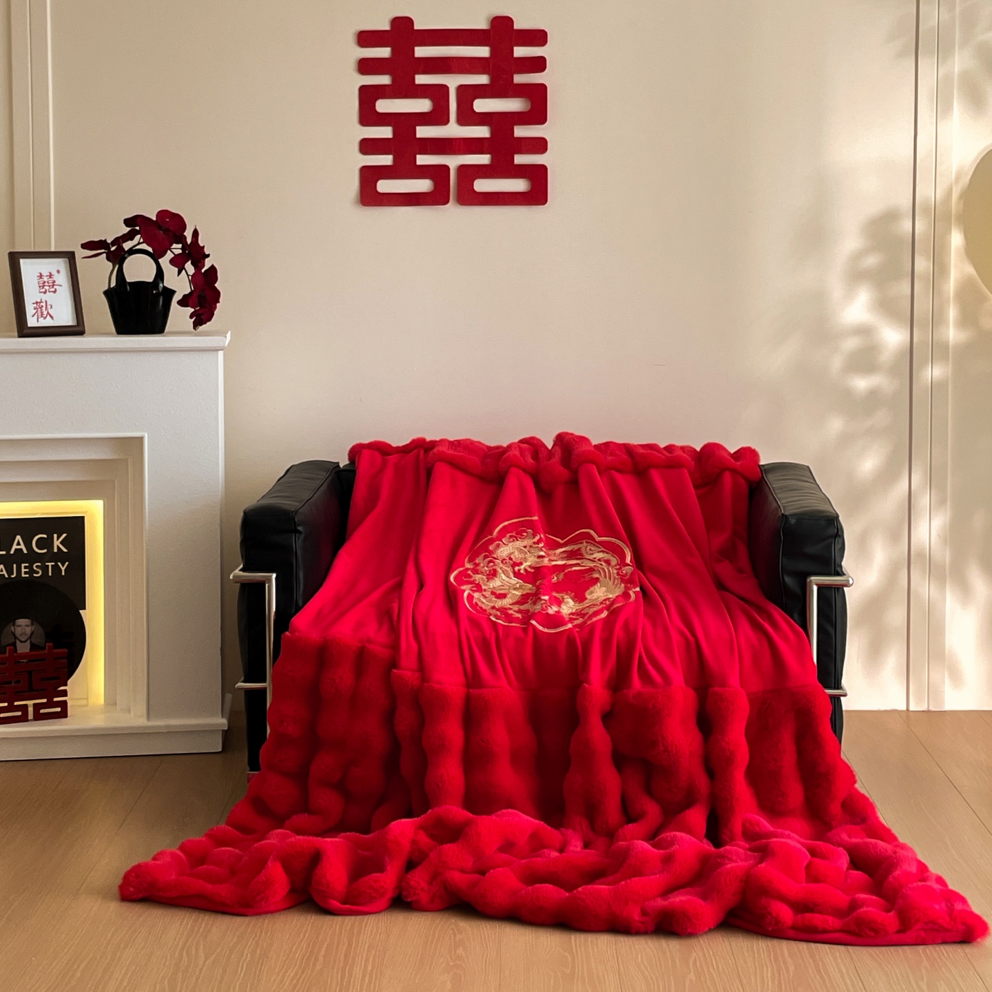 红花车婚庆被套毛毯单件AB版