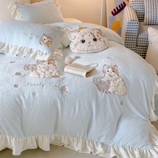 红花车冬季保暖床上用品四件套牛奶绒可爱猫咪被套床单儿童三件套