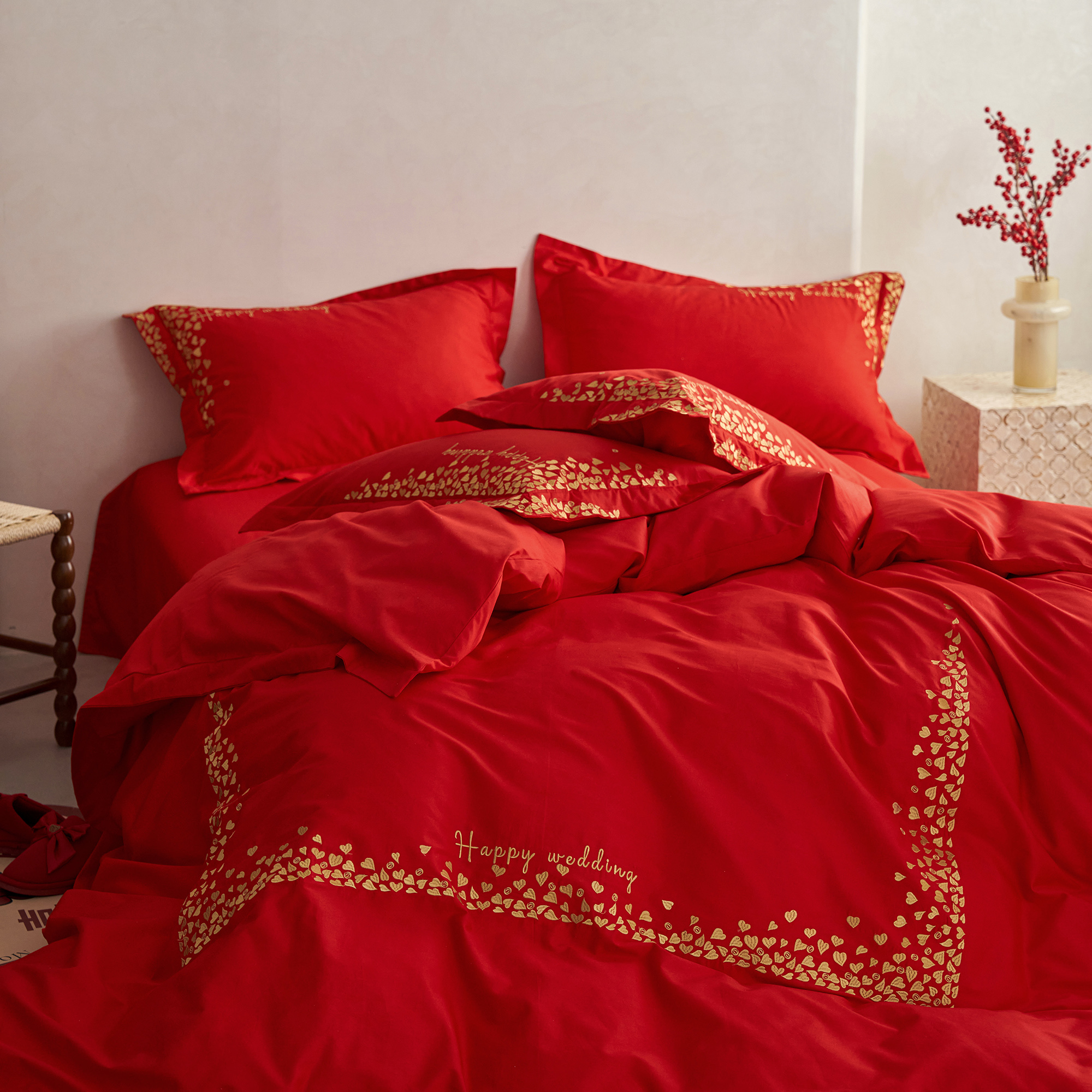 A类全棉长绒棉婚庆四件套中式刺绣结婚红色床单床笠床上用品