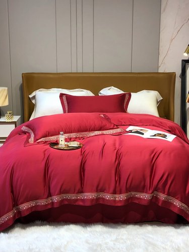 80S奥地利兰精天丝刺绣四件套夏季红色铺床被套床单床品