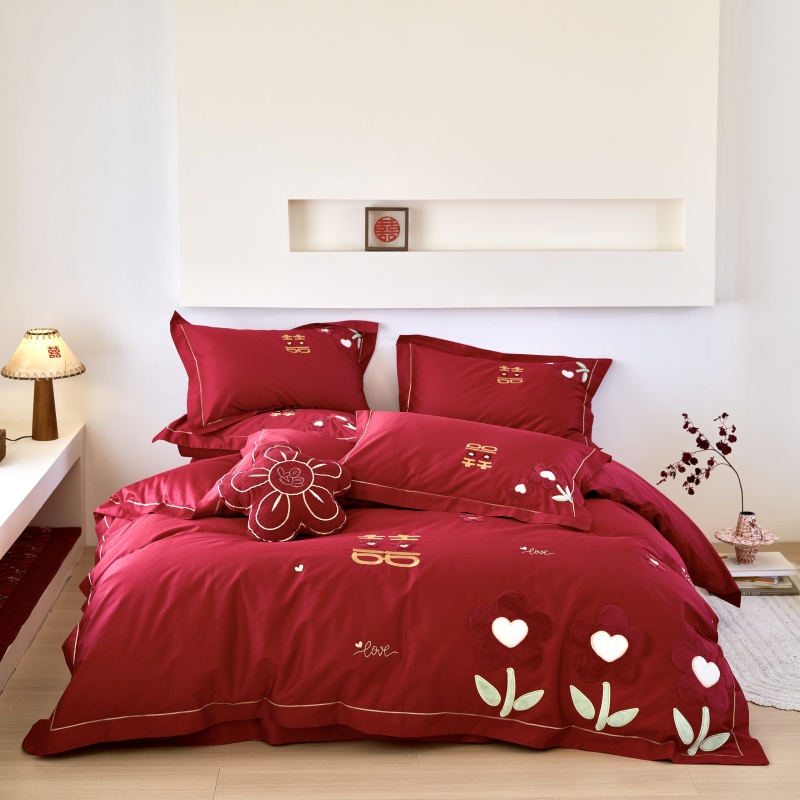 100S长绒棉贴布绣婚庆四件套新婚浪漫喜庆红色床品套件