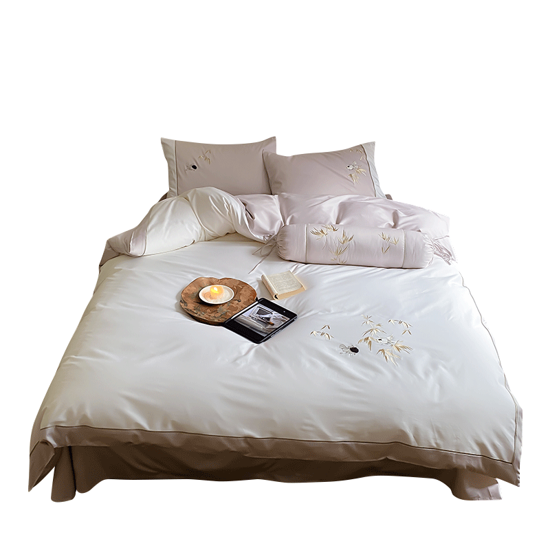 简约新中式刺绣A类100s全棉长绒棉四件套纯棉被套床单床上用品