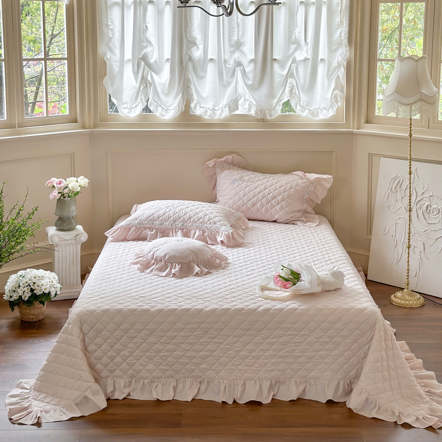 红花车全棉榻榻米床盖三件套