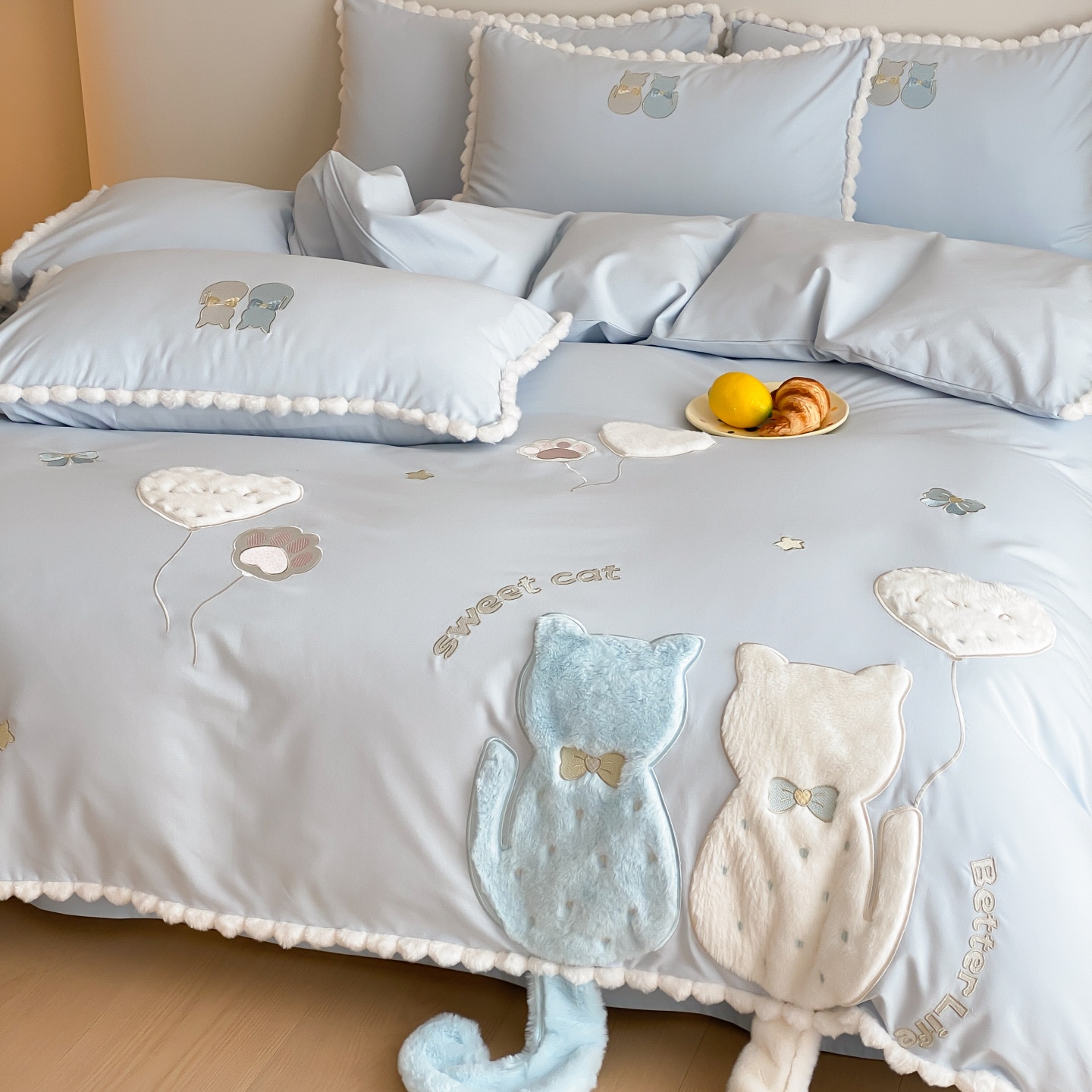 全棉磨毛四件套可爱喵贴布绣被套