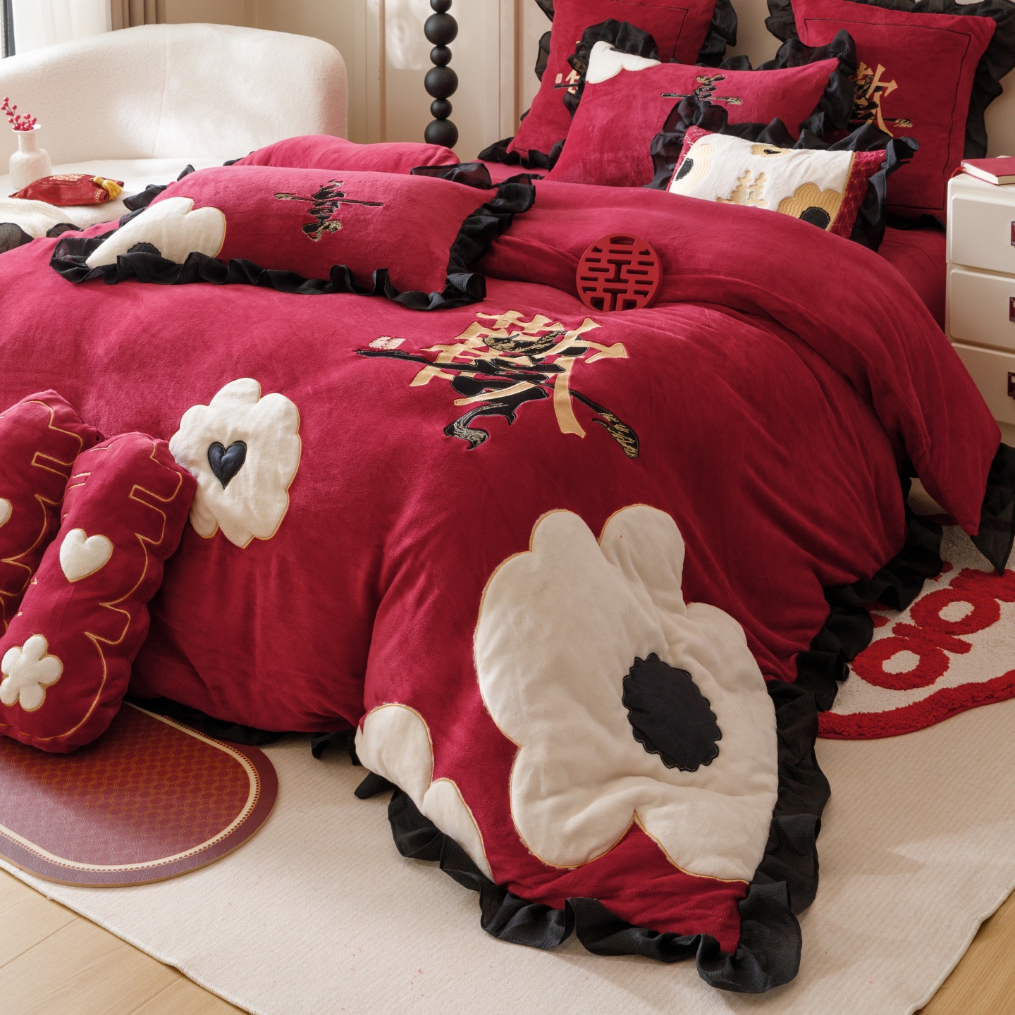 红花车牛奶绒婚庆四件套